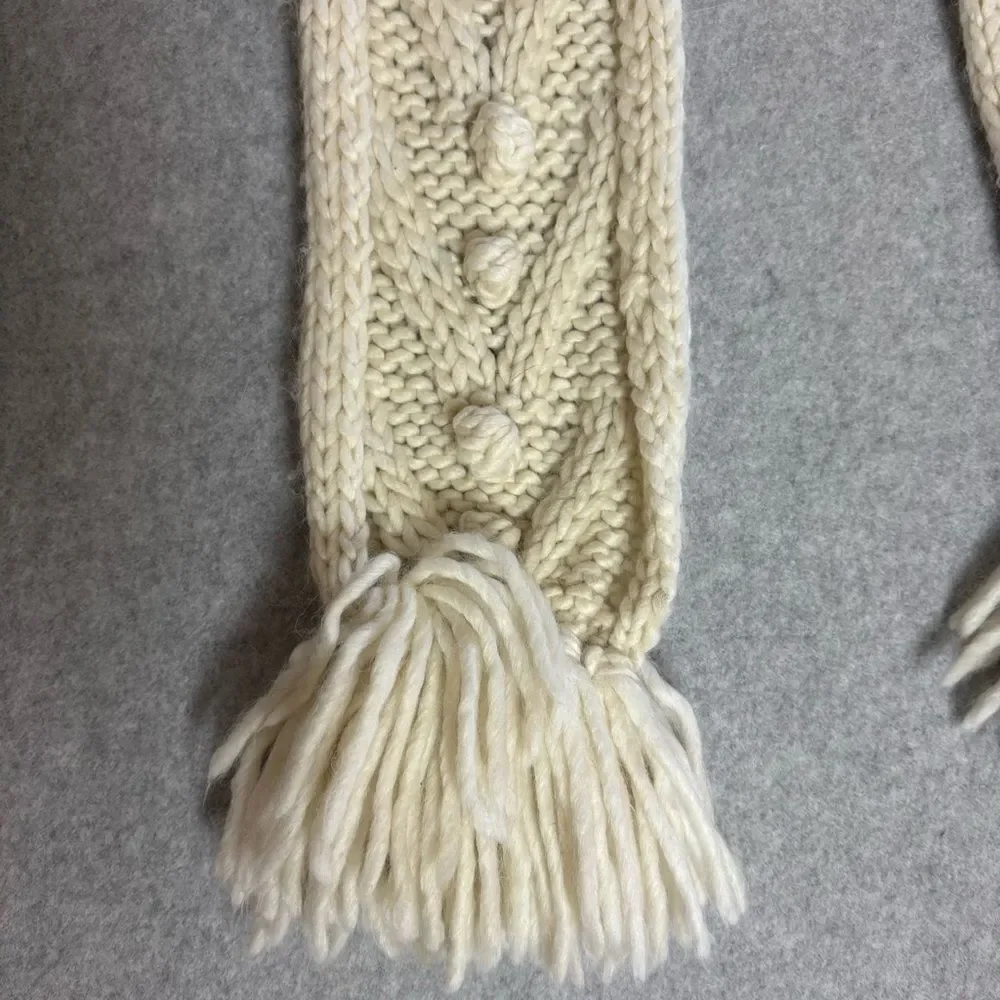 Vintage Y2K Abercrombie Cream Wool Blend Long Scarf Pom Pom & Fringe Details
